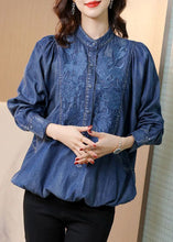 Load image into Gallery viewer, Modern Blue Stand Collar Embroideried Cotton Denim Coats Batwing Sleeve