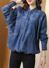 Load image into Gallery viewer, Modern Blue Stand Collar Embroideried Cotton Denim Coats Batwing Sleeve