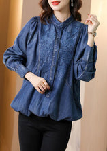 Load image into Gallery viewer, Modern Blue Stand Collar Embroideried Cotton Denim Coats Batwing Sleeve