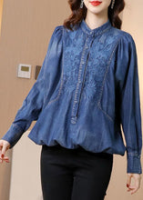 Load image into Gallery viewer, Modern Blue Stand Collar Embroideried Cotton Denim Coats Batwing Sleeve