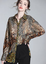 Load image into Gallery viewer, Modern Brown Peter Pan Collar Leopard Print Silk Top Spring