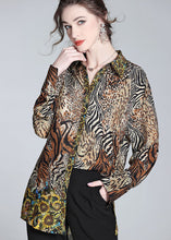 Load image into Gallery viewer, Modern Brown Peter Pan Collar Leopard Print Silk Top Spring