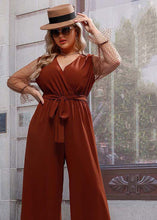 Load image into Gallery viewer, Modern Brown V Neck Tulle Patchwork Tie Waist Jumpsuit Fall