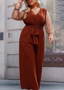 Modern Brown V Neck Tulle Patchwork Tie Waist Jumpsuit Fall