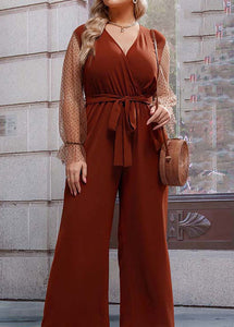 Modern Brown V Neck Tulle Patchwork Tie Waist Jumpsuit Fall