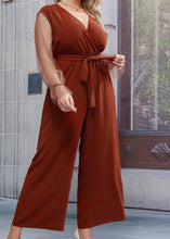 Load image into Gallery viewer, Modern Brown V Neck Tulle Patchwork Tie Waist Jumpsuit Fall