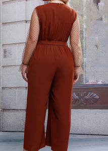 Modern Brown V Neck Tulle Patchwork Tie Waist Jumpsuit Fall