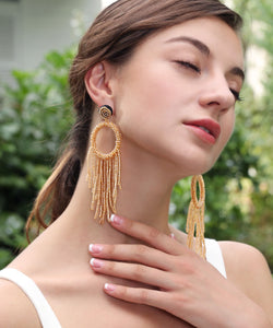 Modern Gold Rice Ball Circular Tassel Drop Earrings