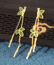 Load image into Gallery viewer, Modern Green Sterling Silver Overgild Bamboo Drop Earrings