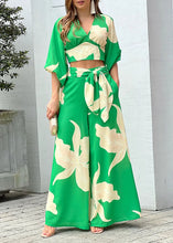 Load image into Gallery viewer, Modern Green V Neck Print Tops And Wide Leg Pants Cotton Two Pieces Set Lantern Sleeve