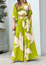 Load image into Gallery viewer, Modern Green V Neck Print Tops And Wide Leg Pants Cotton Two Pieces Set Lantern Sleeve