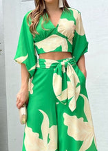 Load image into Gallery viewer, Modern Green V Neck Print Tops And Wide Leg Pants Cotton Two Pieces Set Lantern Sleeve