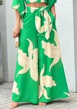 Load image into Gallery viewer, Modern Green V Neck Print Tops And Wide Leg Pants Cotton Two Pieces Set Lantern Sleeve