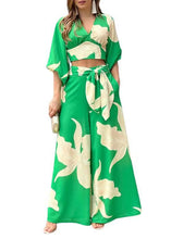 Load image into Gallery viewer, Modern Green V Neck Print Tops And Wide Leg Pants Cotton Two Pieces Set Lantern Sleeve