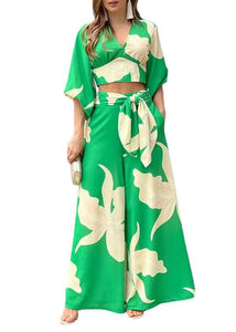 Modern Green V Neck Print Tops And Wide Leg Pants Cotton Two Pieces Set Lantern Sleeve