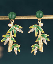 Load image into Gallery viewer, Modern Green Zircon Cloisonne Chalcedony Bamboo Leaf Drop Earrings