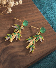 Load image into Gallery viewer, Modern Green Zircon Cloisonne Chalcedony Bamboo Leaf Drop Earrings