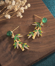 Load image into Gallery viewer, Modern Green Zircon Cloisonne Chalcedony Bamboo Leaf Drop Earrings