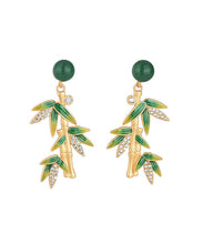 Load image into Gallery viewer, Modern Green Zircon Cloisonne Chalcedony Bamboo Leaf Drop Earrings