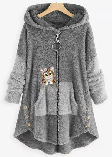 Modern Grey Hooded Print Zippered Patchwork Teddy Faux Fur Coats Fall