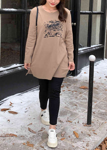 Modern Khaki Print Side Open Cotton Pullover Sweatshirt Fall