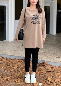 Modern Khaki Print Side Open Cotton Pullover Sweatshirt Fall