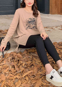 Modern Khaki Print Side Open Cotton Pullover Sweatshirt Fall