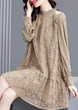 Load image into Gallery viewer, Modern Khaki Stand Collar Patchwork Wrinkled Lace Dress Spring