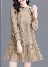 Load image into Gallery viewer, Modern Khaki Stand Collar Patchwork Wrinkled Lace Dress Spring