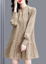 Load image into Gallery viewer, Modern Khaki Stand Collar Patchwork Wrinkled Lace Dress Spring