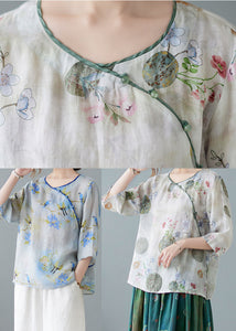 Modern Light Green O-Neck Print Blouse Spring Top