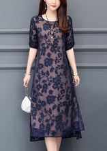 Load image into Gallery viewer, Modern Navy O-Neck Embroideried Chiffon Long Dress Summer