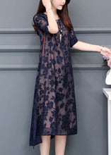 Load image into Gallery viewer, Modern Navy O-Neck Embroideried Chiffon Long Dress Summer