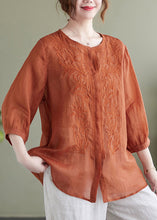 Load image into Gallery viewer, Modern Orange Embroideried Linen Shirts Bracelet Sleeve