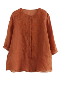 Modern Orange Embroideried Linen Shirts Bracelet Sleeve