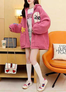 Modern Pink Hooded Faux Fur Winter coats