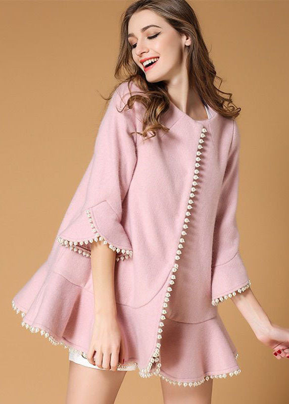 Modern Pink Nail bead Ruffles Woolen Coats Spring