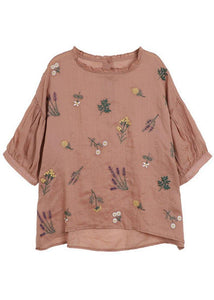 Modern Pink Regular Embroideried Summer Floral Half Sleeve