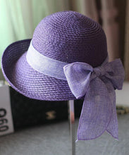 Load image into Gallery viewer, Modern Purple Bow Straw Woven Holiday Floppy Sun Hat