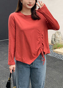 Modern Red Asymmetrical Drawstring Patchwork Cotton T Shirts Fall