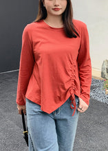 Load image into Gallery viewer, Modern Red Asymmetrical Drawstring Patchwork Cotton T Shirts Fall