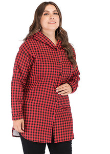 Modern Red Plaid Button Warm Fleece Hooded Coat Long Sleeve