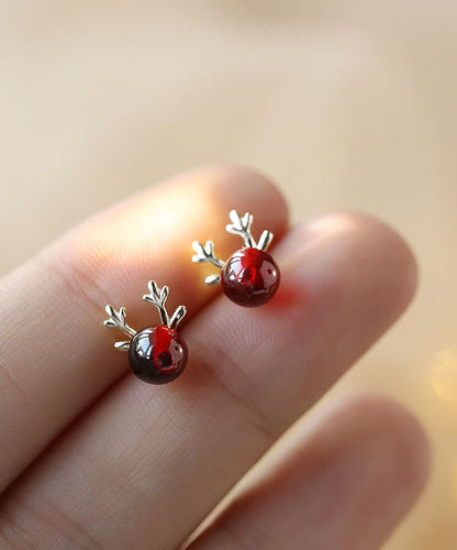 Modern Red Sterling Silver Garnet Antler Stud Earrings