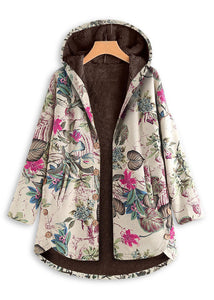 Modern Rose Hooded Print Button Patchwork Warm Fleece Coats Fall