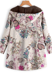 Modern Rose Hooded Print Button Patchwork Warm Fleece Coats Fall