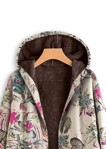 Modern Rose Hooded Print Button Patchwork Warm Fleece Coats Fall