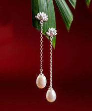 Load image into Gallery viewer, Modern Silk Sterling Silver Inlaid Pearl Lotus Drop Earrings