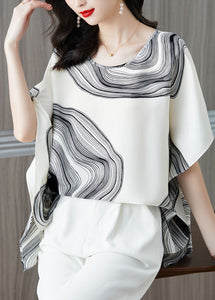 Modern White O Neck Print Patchwork Silk Shirt Top Summer