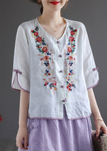 Load image into Gallery viewer, Modern White V Neck Embroideried Floral Button Linen Shirt Half Sleeve