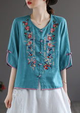 Load image into Gallery viewer, Modern White V Neck Embroideried Floral Button Linen Shirt Half Sleeve